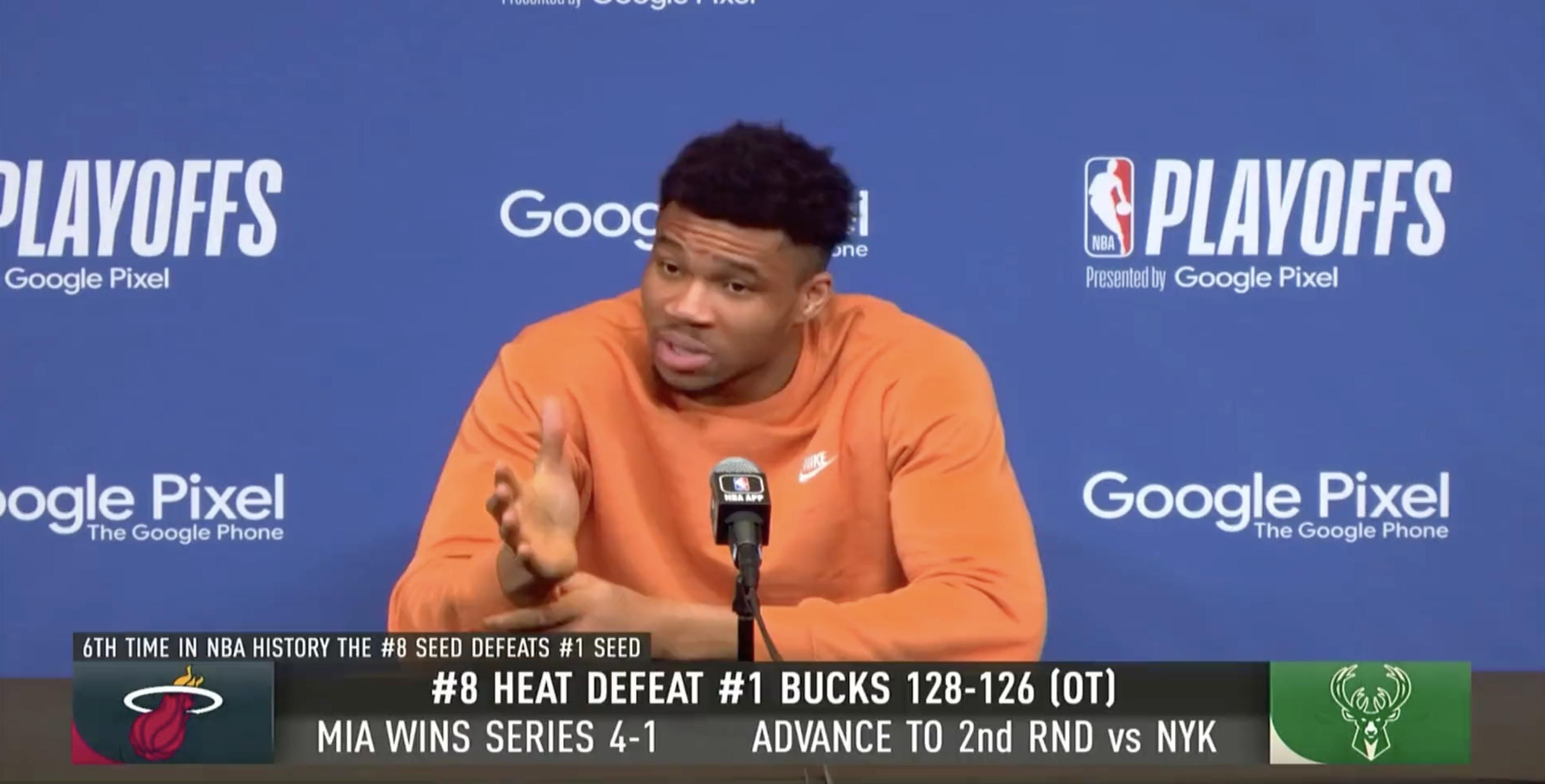 Giannis Antetokounmpo answers a reporter's question about whether the Bucks' season was a "failure" after losing in five games to the Miami Heat. 