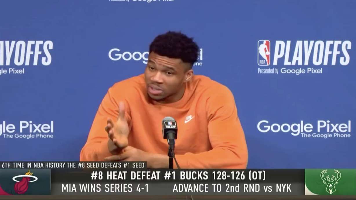 Giannis Antetokounmpo answers a reporter's question about whether the Bucks' season was a "failure" after losing in five games to the Miami Heat.