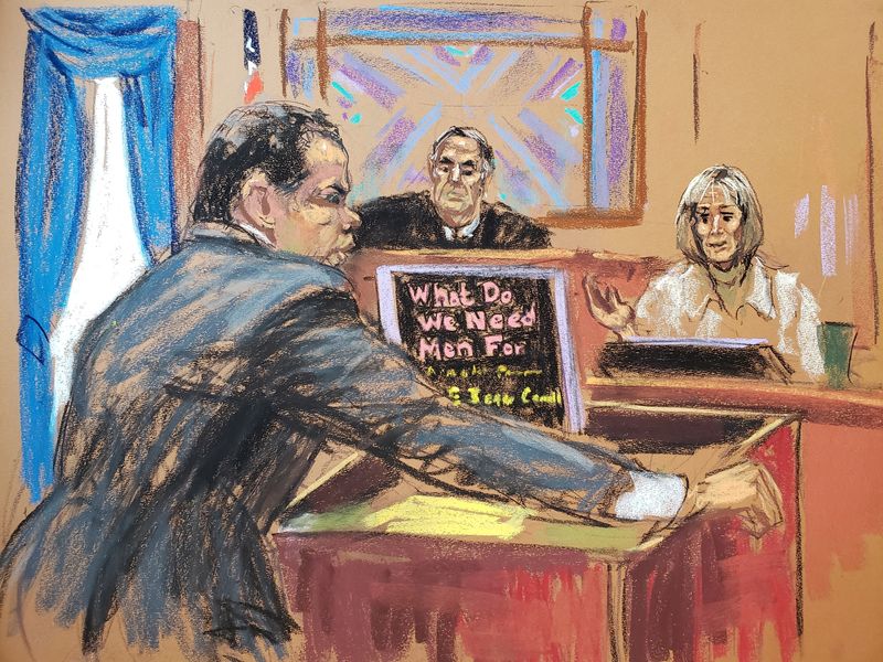 Former Elle magazine advice columnist E. Jean Carroll answers questions from Trump lawyer Joe Tacopina during a civil trial to decide whether former U.S. President Donald Trump raped Carroll in the mid-1990s, and defamed her by denying it happened, in New York on Thursday in this courtroom sketch.