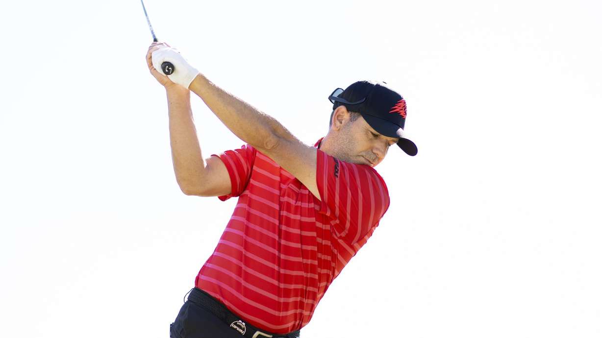 Captain Sergio Garcia, of Fireballs GC, hits on the driving range during the final round of LIV Golf Adelaide at the Grange Golf Club, Sunday, April 23, 2023, in Adelaide, Australia.