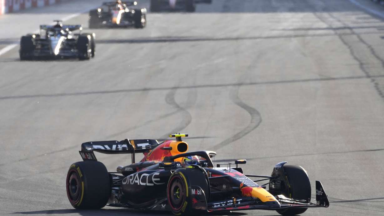 Red Bull driver Sergio Perez of Mexico steers his car during the sprint race at the Baku circuit in Baku, Azerbaijan, Saturday, April 29, 2023. The Formula One Grand Prix will be held on Sunday April 30, 2023.