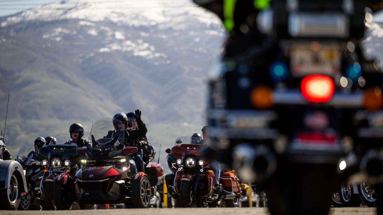 Riders depart Manheim Utah in Woods Cross for a ride out to Wendover during the Kyle Petty Charity Ride on Saturday.