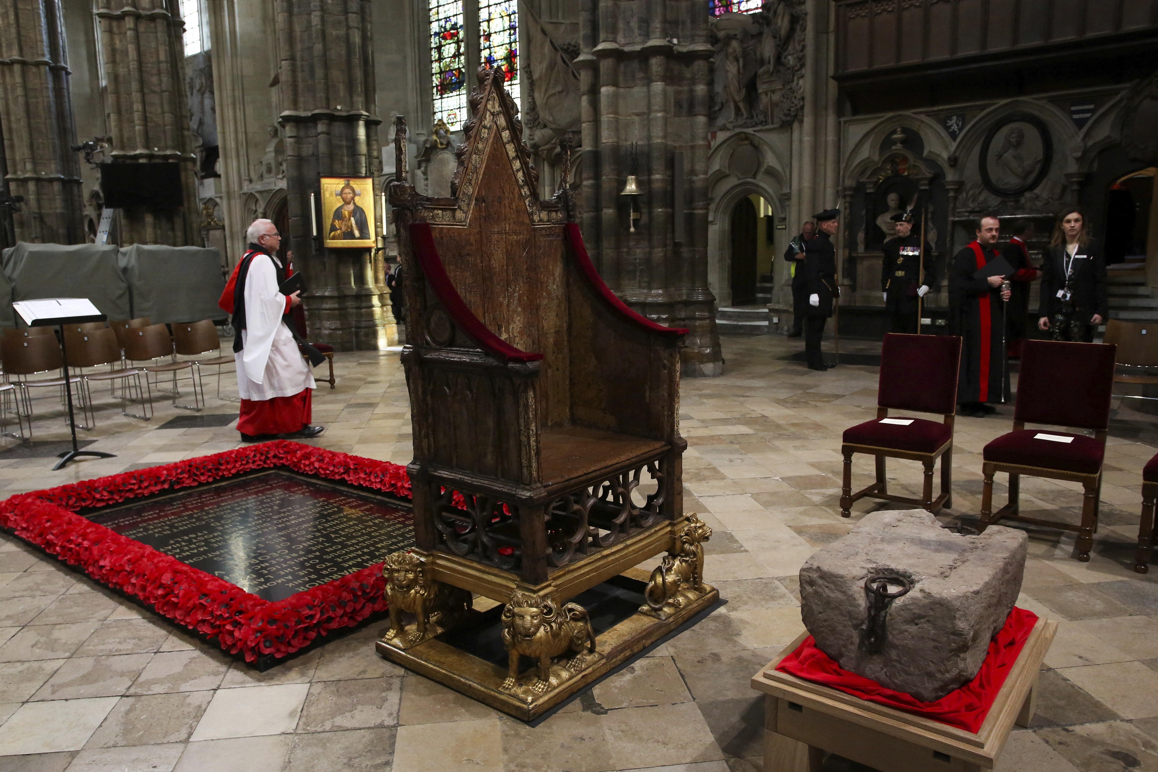 The Stone of Destiny is seen during a welcome ceremony ahead of the coronation of Britain's King Charles III, in Westminster Abbey, London, Saturday.