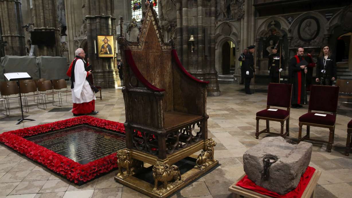 The Stone of Destiny is seen during a welcome ceremony ahead of the coronation of Britain's King Charles III, in Westminster Abbey, London, Saturday.