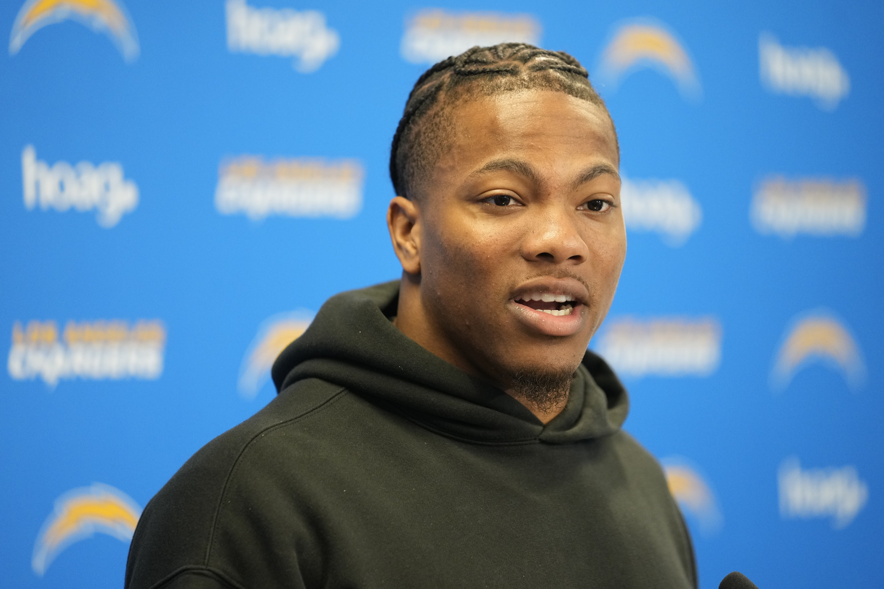 Washington State linebacker Daiyan Henley, selected in the third round of the NFL draft by the Los Angeles Chargers, speaks during an NFL football news conference at Hoag Performance Center in Costa Mesa, Calif., Saturday, April 29, 2023. 