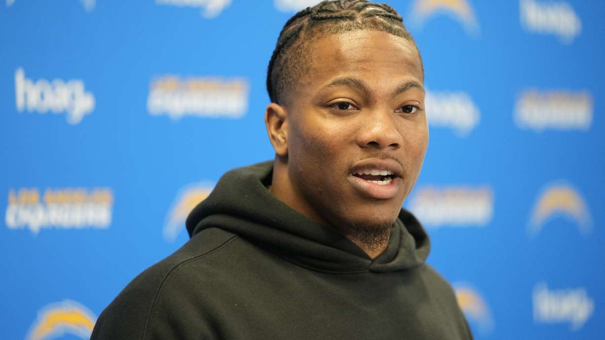 Washington State linebacker Daiyan Henley, selected in the third round of the NFL draft by the Los Angeles Chargers, speaks during an NFL football news conference at Hoag Performance Center in Costa Mesa, Calif., Saturday, April 29, 2023.