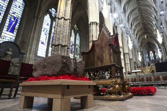 The Stone of Destiny is seen during a welcome ceremony ahead of the coronation of Britain's King Charles III, in Westminster Abbey, London, Saturday.