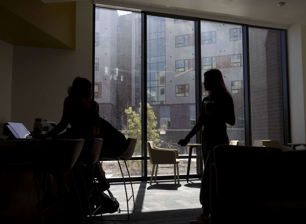 First-year students study in one of the community rooms of Kahlert Village at the University of Utah in Salt Lake City on April 26.
