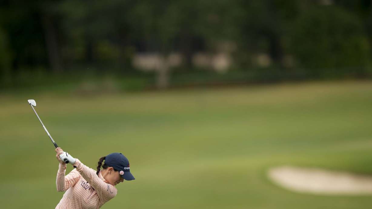 Cheyenne Knight hits her tee shot on the 12th hole during the second round of the Chevron Championship women's golf tournament at The Club at Carlton Woods on Friday, April 21, 2023, in The Woodlands, Texas.
