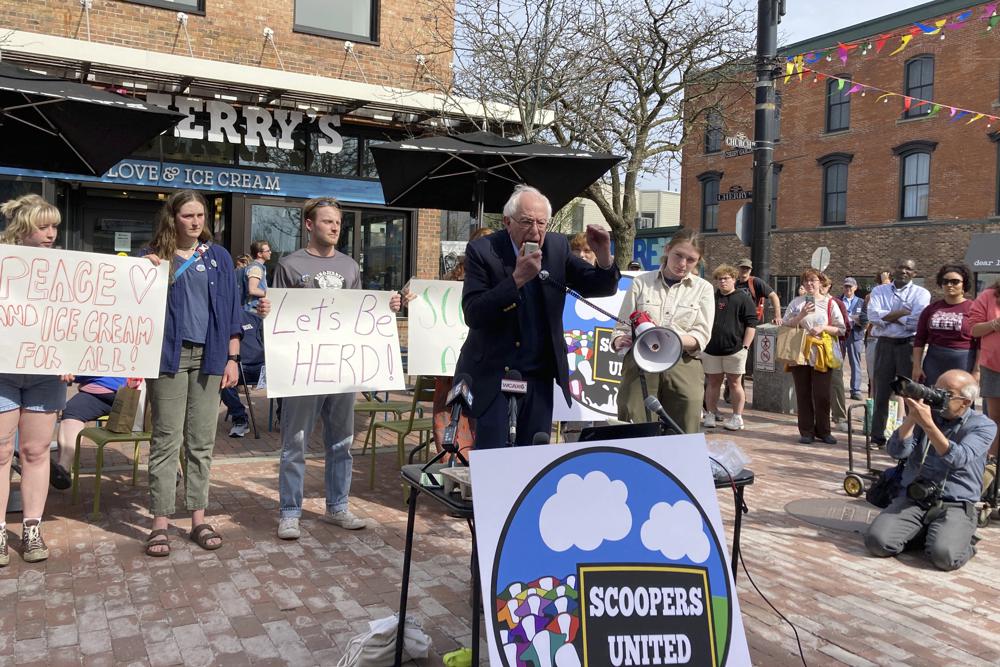 U.S. Sen. Bernie Sanders, speaking Friday outside a Ben & Jerry's shop in downtown Burlington, Vt., is dismissing concerns about President Joe Biden's age.