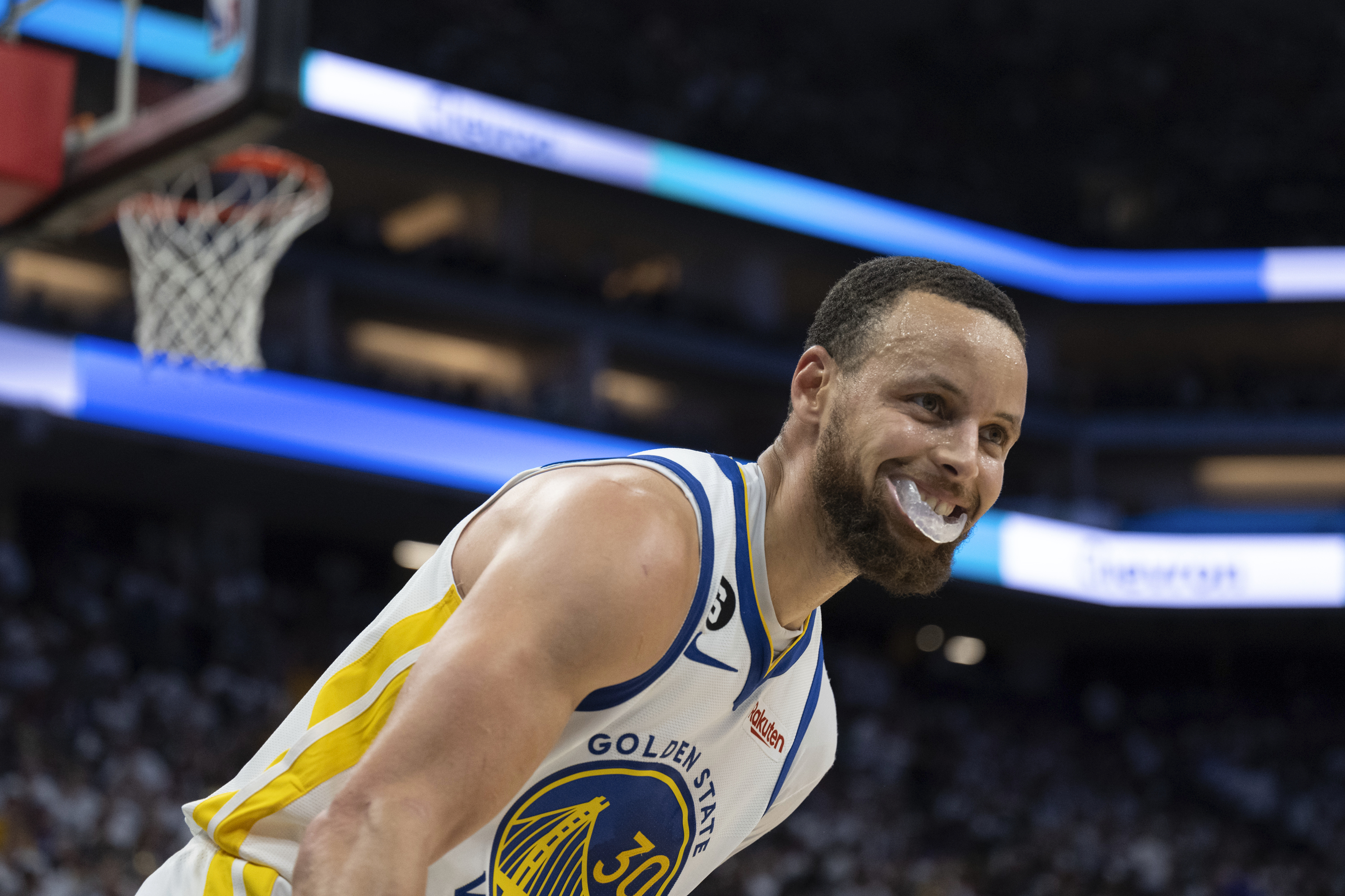 Golden State Warriors guard Stephen Curry (30) all smiles after scoring his 50th point during the second half of Game 7 of an NBA basketball first-round playoff series against the Sacramento Kings, Sunday, April 30, 2023, in Sacramento, Calif. 