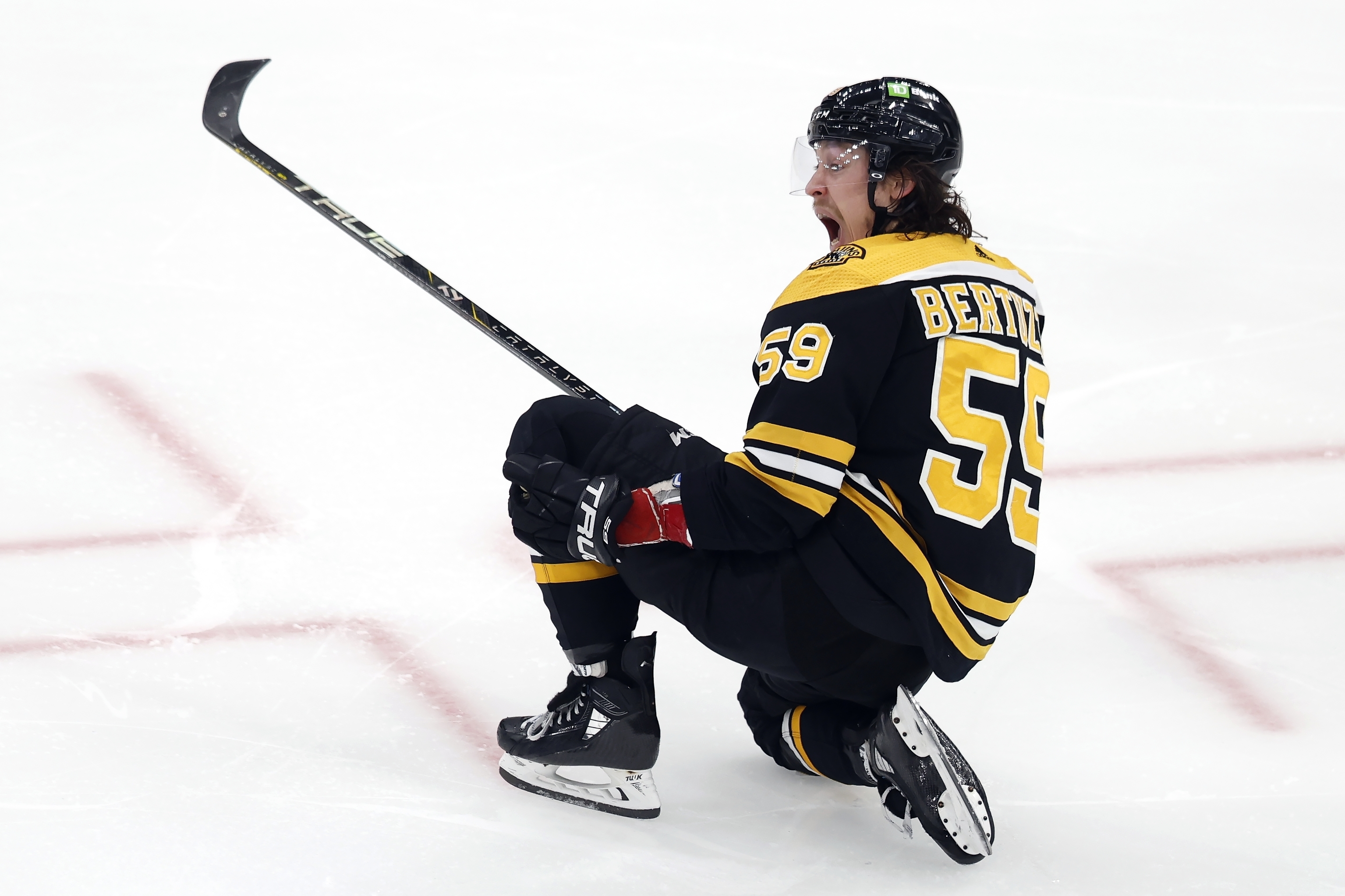 Boston Bruins' Tyler Bertuzzi celebrates after his goal during the third period of Game 7 of an NHL hockey Stanley Cup first-round playoff series against the Florida Panthers, Sunday, April 30, 2023, in Boston. 