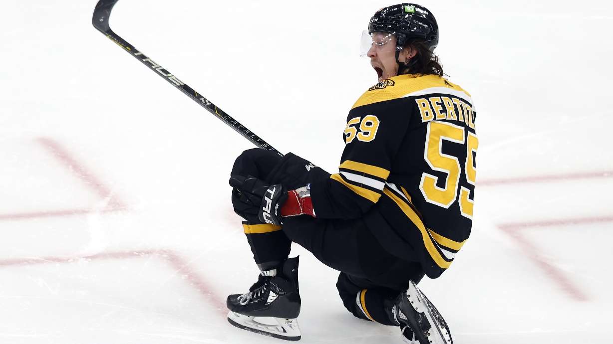 Boston Bruins' Tyler Bertuzzi celebrates after his goal during the third period of Game 7 of an NHL hockey Stanley Cup first-round playoff series against the Florida Panthers, Sunday, April 30, 2023, in Boston.