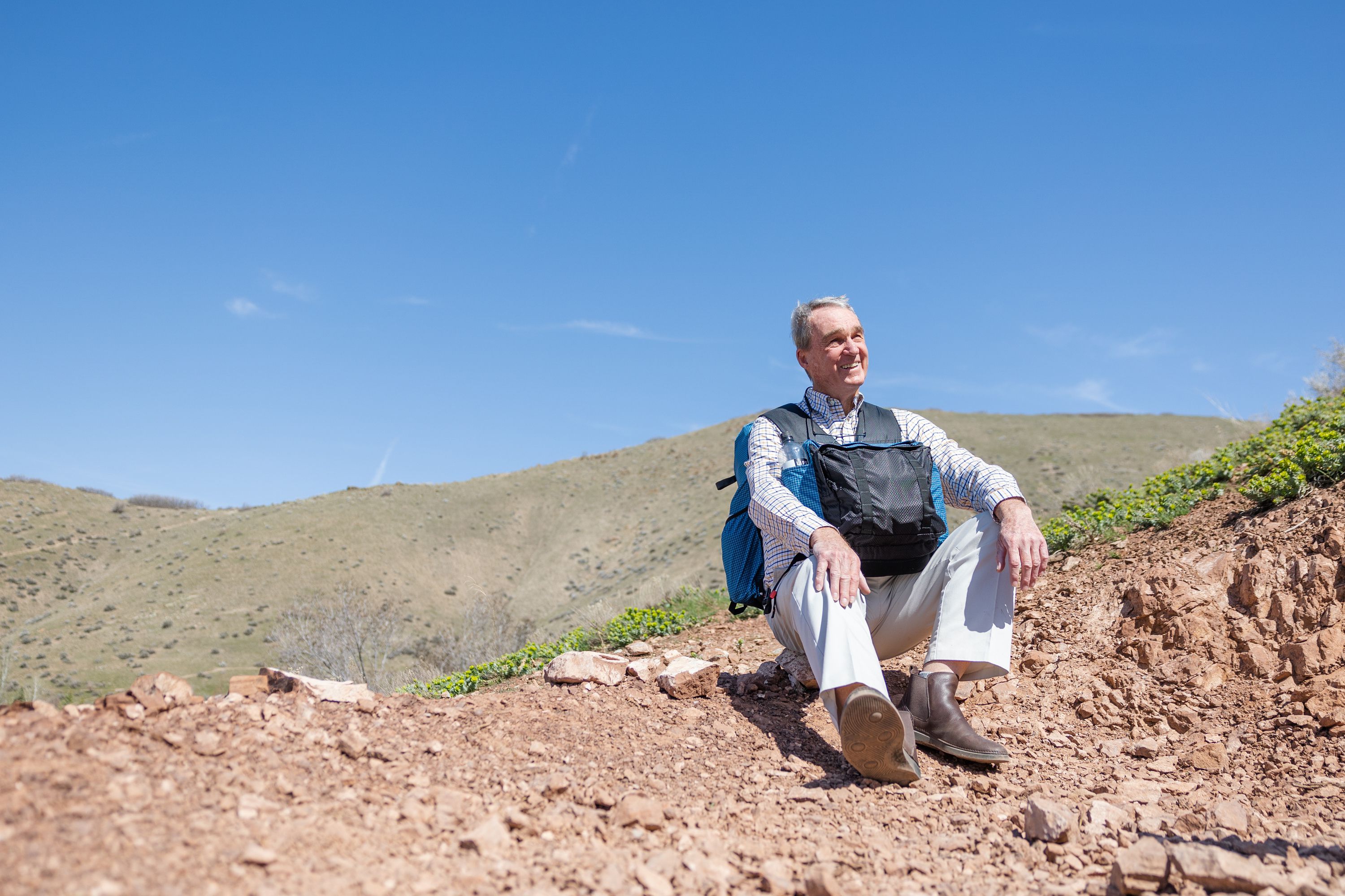 Avid hiker Richard Jones along the Bonneville Shoreline Trail in the foothills above Salt Lake City on April 17. He is set to complete the Triple Crown of hiking soon.