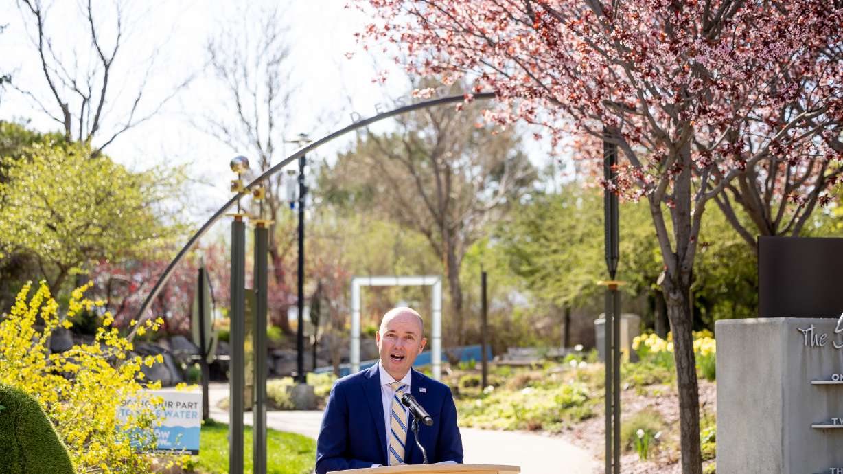 Gov. Spencer Cox speaks during a press conference at the Jordan Valley Water Conservancy District's Conservation Garden Park in West Jordan on Monday. Officials announced a statewide water-wise landscaping incentive program.