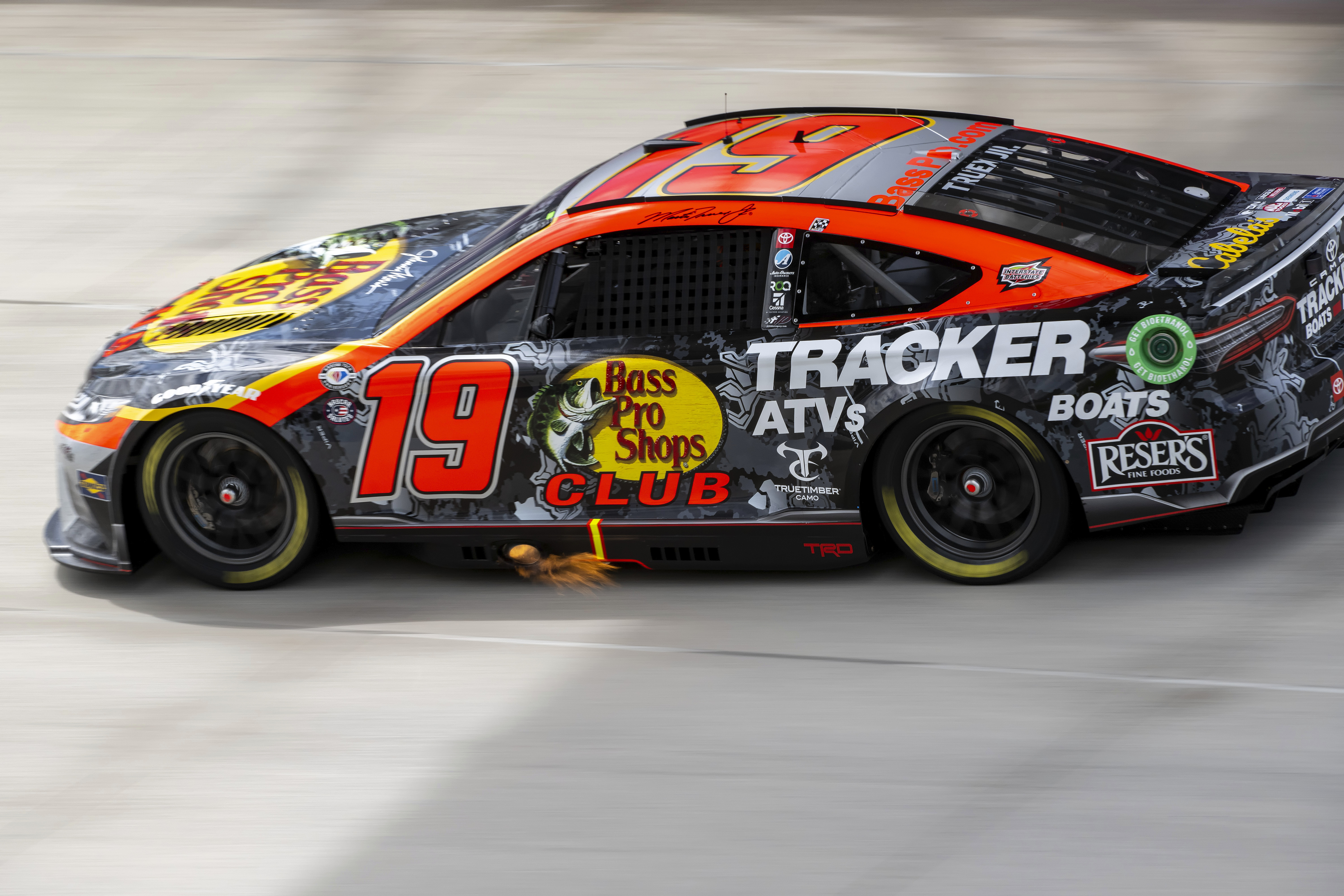 Martin Truex Jr. (19) races into turn 3 during the NASCAR 400 auto race at Dover Motor Speedway Monday, May 1, 2023, in Dover, Del.