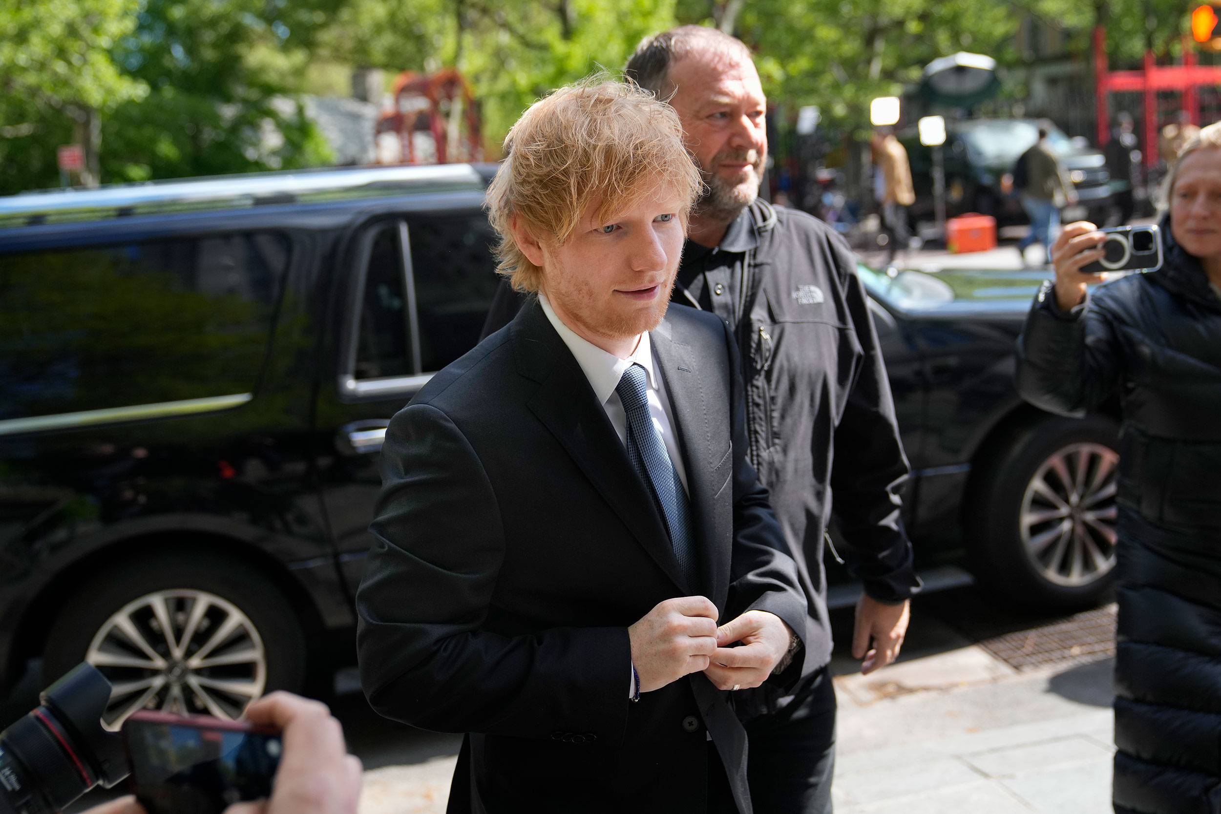 Recording artist Ed Sheeran arrives to New York Federal Court as proceedings continue in his copyright infringement trial, Monday in New York.