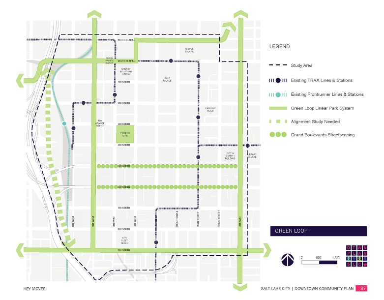 This map shows the current Green Loop concept, which is included in the Downtown Community Plan.