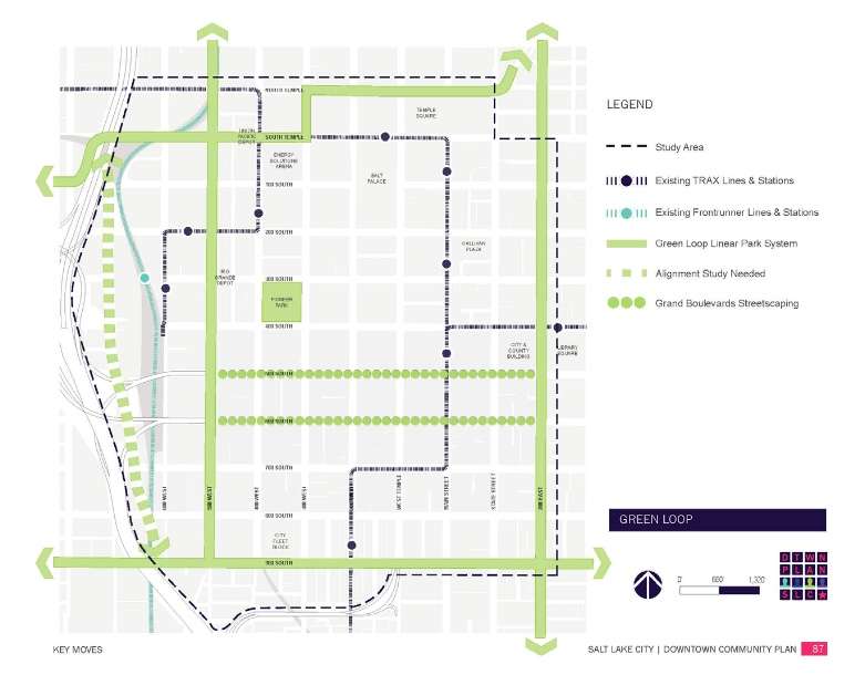 This map shows the current Green Loop concept, which is included in the Downtown Community Plan.