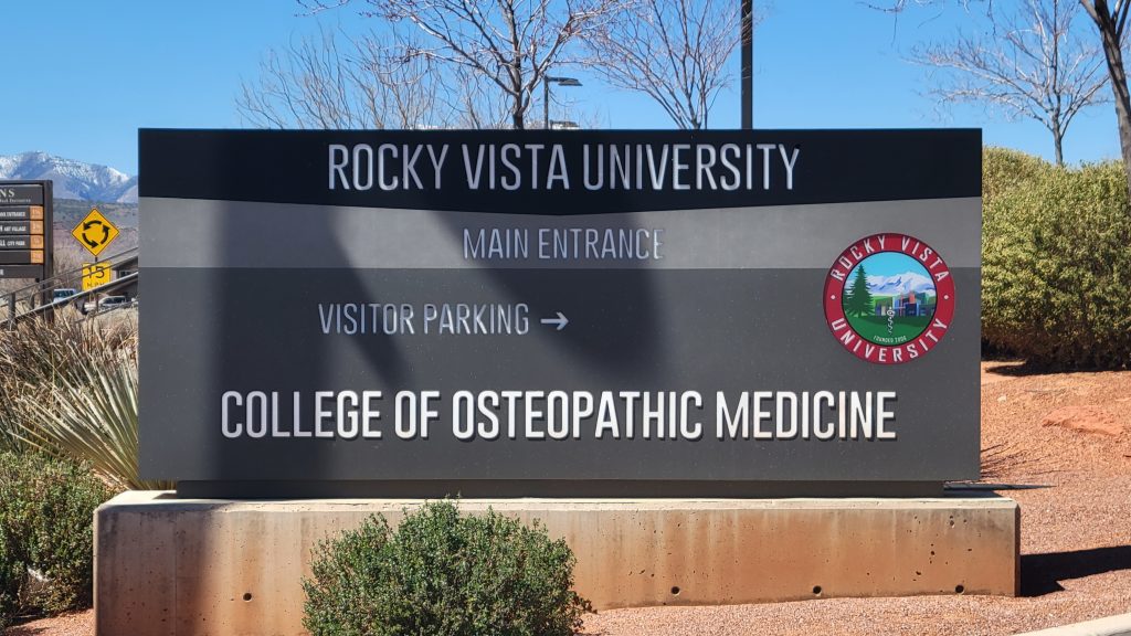 The entrance to Rocky Vista University is seen in Ivins on April 6. As Southern Utah grows, residents are finding one thing growing more difficult: Getting time with a primary care doctor.