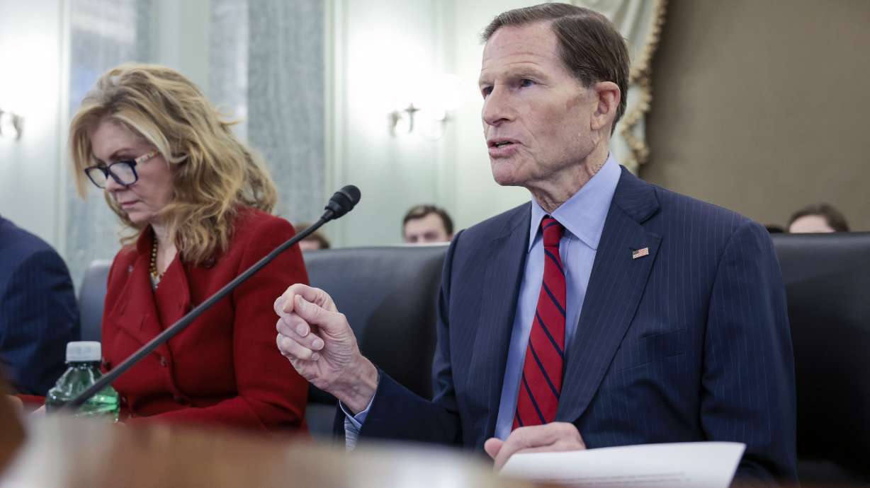 Sen. Richard Blumenthal, D-Ct., and Sen. Marsha Blackburn, R-Tenn., on Feb. 1, 2022 on Capitol Hill in Washington. The senators introduced a bipartisan bill similar to Utah's recent efforts to regulate teen social media.
