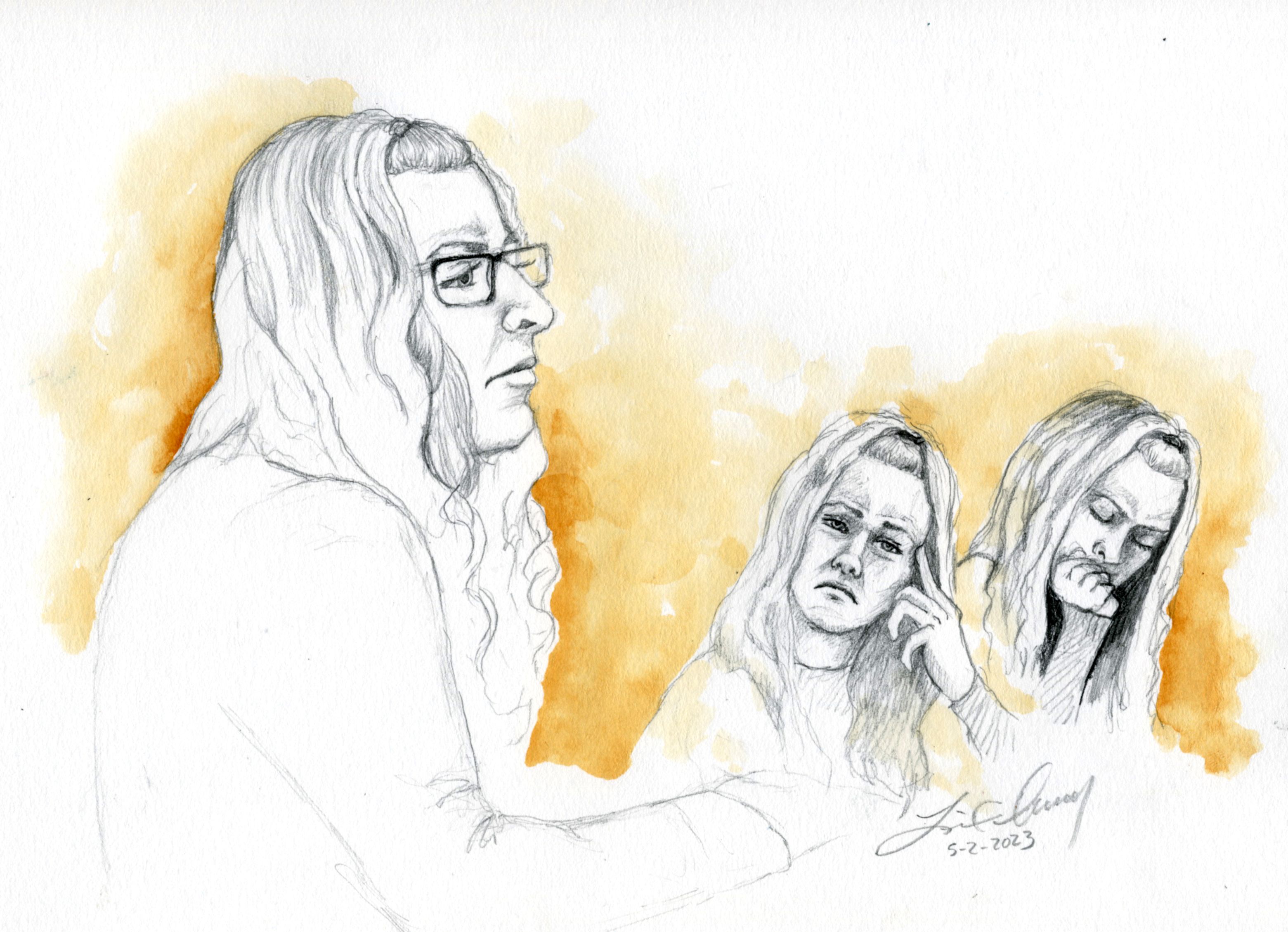 Lori Vallow Daybell listens to a podcast she helped make during her trial in Boise on Tuesday.