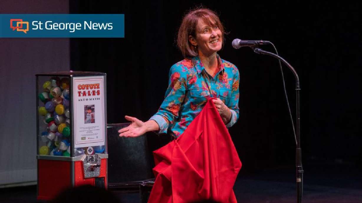Victoria Topham, the founder of Coyote Tales Storytelling, unveils a gumball machine filled with elementary student crafts in Ivins, March 24.