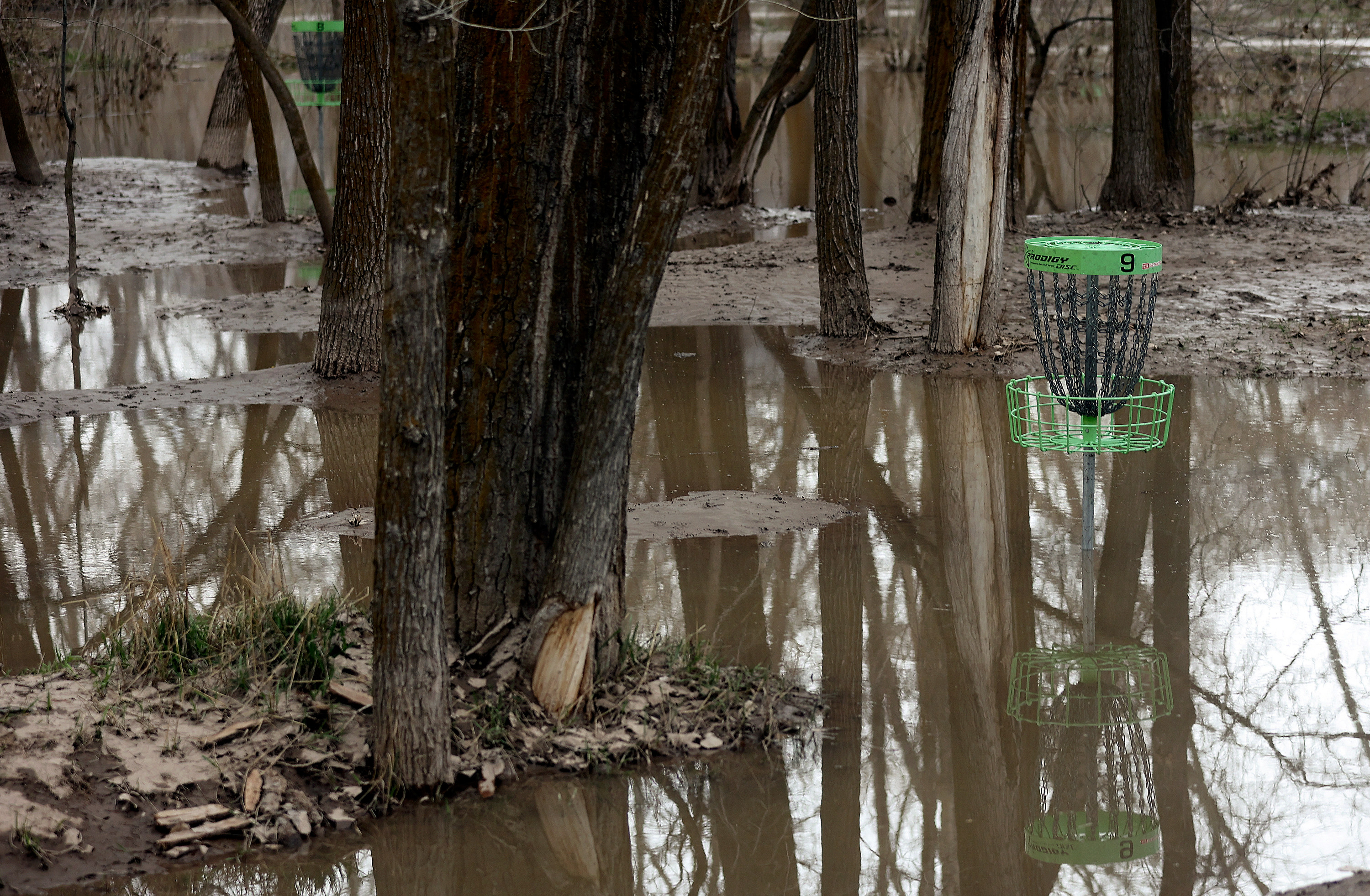 Two disc golf holes are flooded in Fort Buenaventura Park in Ogden on April 17. Flood warnings have been put in place for rivers across the valley.