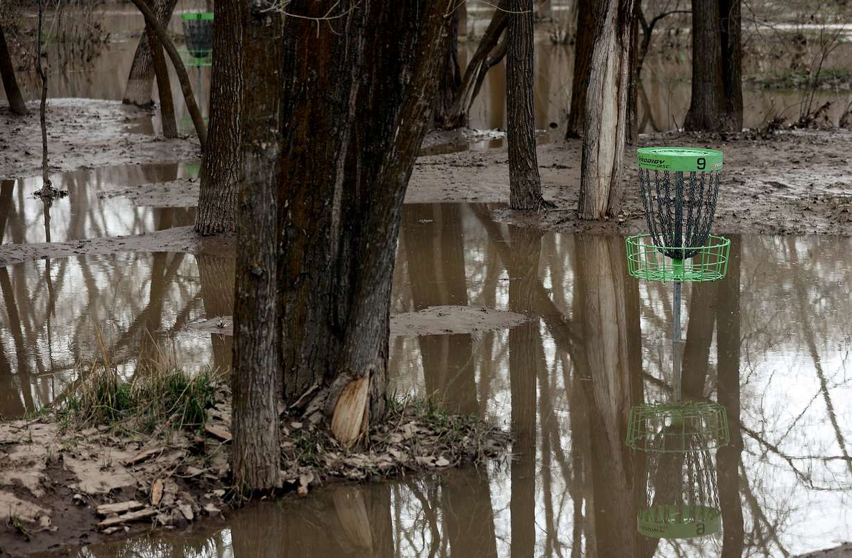 Two disc golf holes are flooded in Fort Buenaventura Park in Ogden on April 17. Flood warnings have been put in place for rivers across the valley.