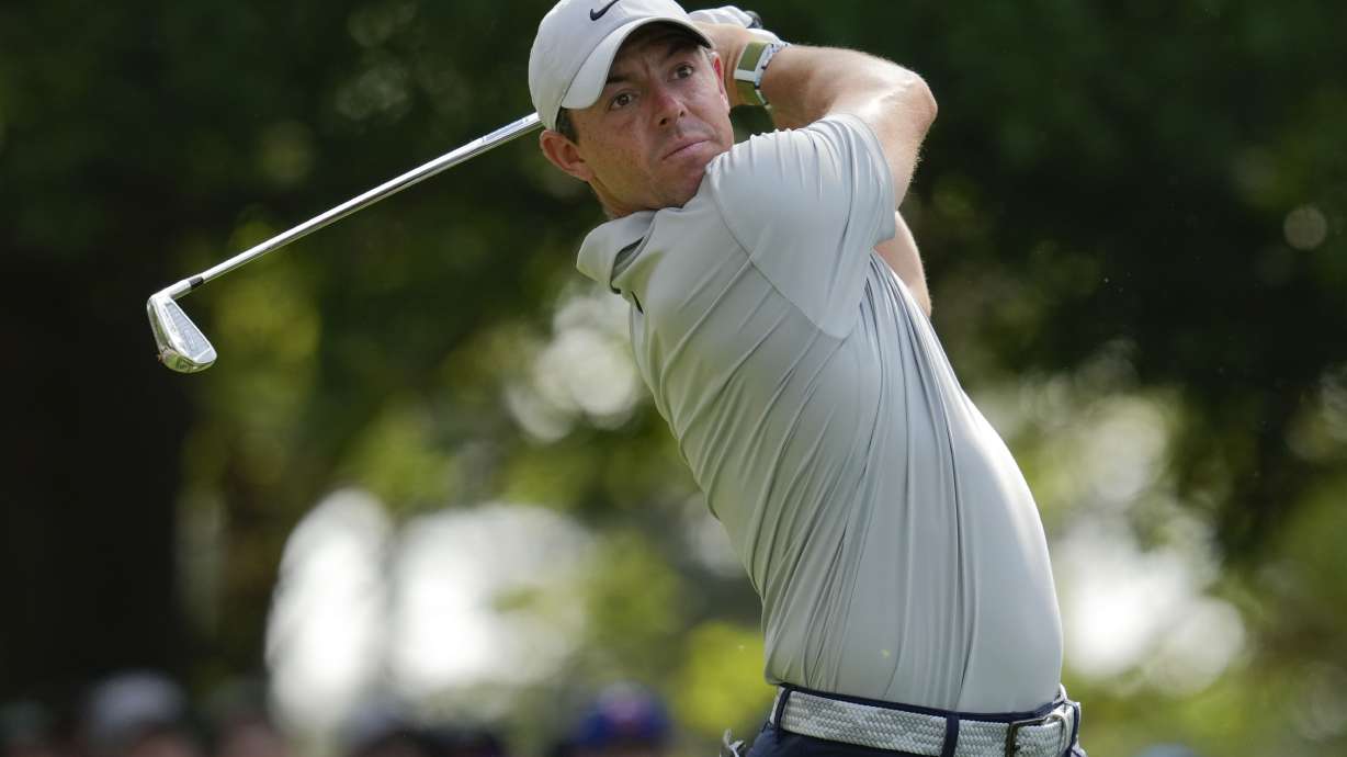 Rory McIlroy, of Northern Ireland, watches his tee shot on the fourth hole during the second round of the Masters golf tournament at Augusta National Golf Club on Friday, April 7, 2023, in Augusta, Ga.