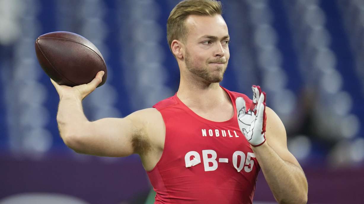 FILE - Fresno State quarterback Jake Haener runs a drill at the NFL football scouting combine in Indianapolis, Saturday, March 4, 2023. Haener bristles when asked about the obvious comparison to fellow experienced but undersized quarterback Brock Purdy.