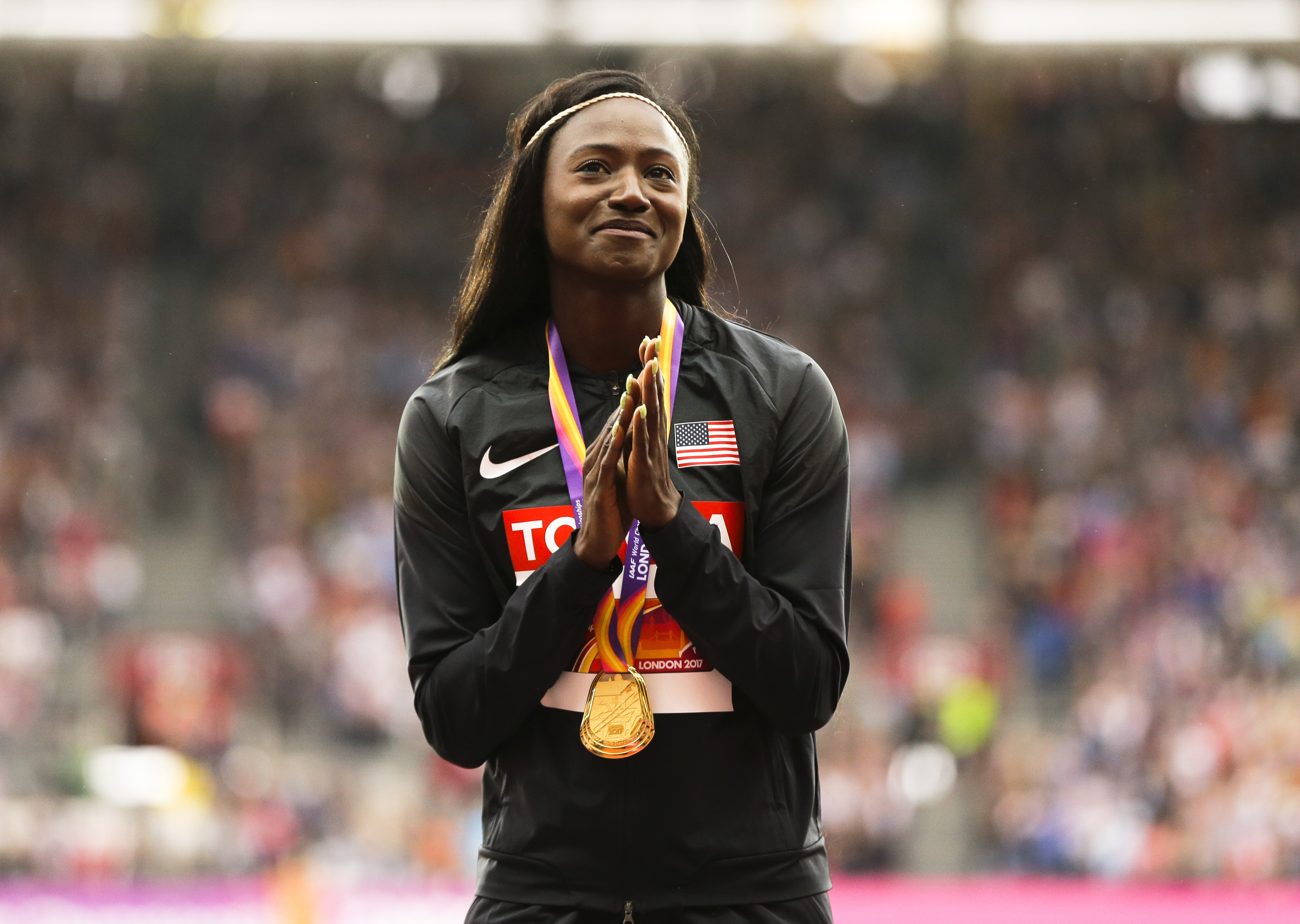 FILE - United States' Tori Bowie gestures after receiving the gold medal she won in the women's 100m final during the World Athletics Championships in London, Monday, Aug. 7, 2017. Tori Bowie, the sprinter who won three Olympic medals at the 2016 Rio de Janeiro Games, has died, her management company and USA Track and Field said Wednesday, May 3, 2023. Bowie was 32. She was found Tuesday in her Florida home. No cause of death was given. 