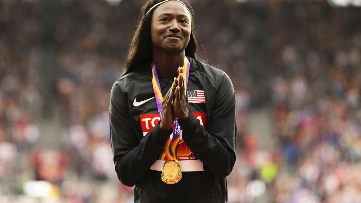 FILE - United States' Tori Bowie gestures after receiving the gold medal she won in the women's 100m final during the World Athletics Championships in London, Monday, Aug. 7, 2017. Tori Bowie, the sprinter who won three Olympic medals at the 2016 Rio de Janeiro Games, has died, her management company and USA Track and Field said Wednesday, May 3, 2023. Bowie was 32. She was found Tuesday in her Florida home. No cause of death was given.