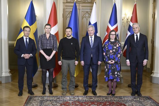 From left, Swedish Prime Minister Ulf Kristersson, Danish Prime Minister Mette Frederiksen, Ukrainian President Volodymyr Zelenskyy, Finnish President Sauli Niinisto, Icelandic Prime Minister Katrin Jakobsdottir and Norwegian Prime Minister Jonas Gahr Store pose for a family photo during the Nordic-Ukrainian Summit in Helsinki, Finland, Wednesday. Zelenskyy is in the Finnish capital, Helsinki, for a one-day Nordic summit.