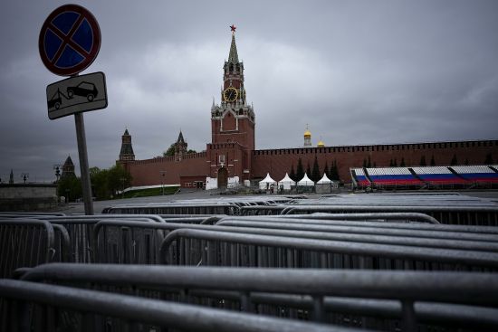 A view of the empty Red Square closed for Victory Parade preparation with the Spasskaya Tower and the Kremlin Wall in the background in Moscow, Russia, on April 28. Russian authorities have accused Ukraine of attempting to attack the Kremlin with two drones overnight. The Kremlin on Wednesday decried the alleged attack attempt as a "terrorist act" and said Russian military and security forces disabled the drones before they could strike.