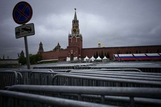 A view of the empty Red Square closed for Victory Parade preparation with the Spasskaya Tower and the Kremlin Wall in the background in Moscow, Russia, on April 28. Russian authorities have accused Ukraine of attempting to attack the Kremlin with two drones overnight. The Kremlin on Wednesday decried the alleged attack attempt as a "terrorist act" and said Russian military and security forces disabled the drones before they could strike.