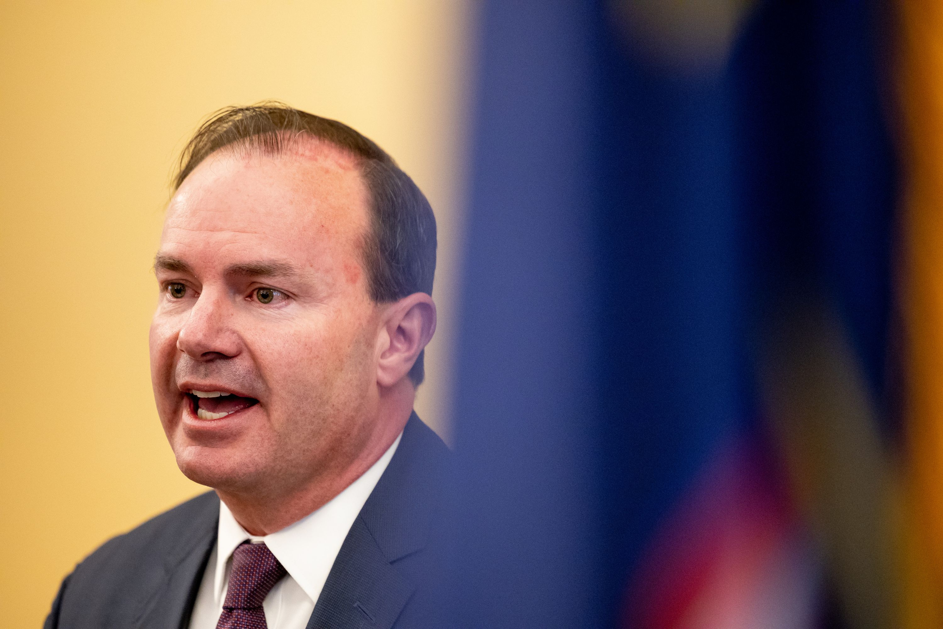 Sen. Mike Lee, R-Utah, at the Capitol in Salt Lake City on Friday, April 14. Lee views President Joe Biden’s offer of increasing the debt limit before addressing the GOP priority of federal government spending cuts as disingenuous.