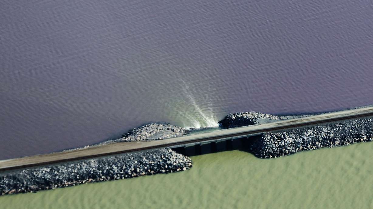 The railroad causeway is breached on the Great Salt Lake as photographed on Wednesday. An aerial tour by EcoFlight showcases the uniqueness of Utah’s saline lake.