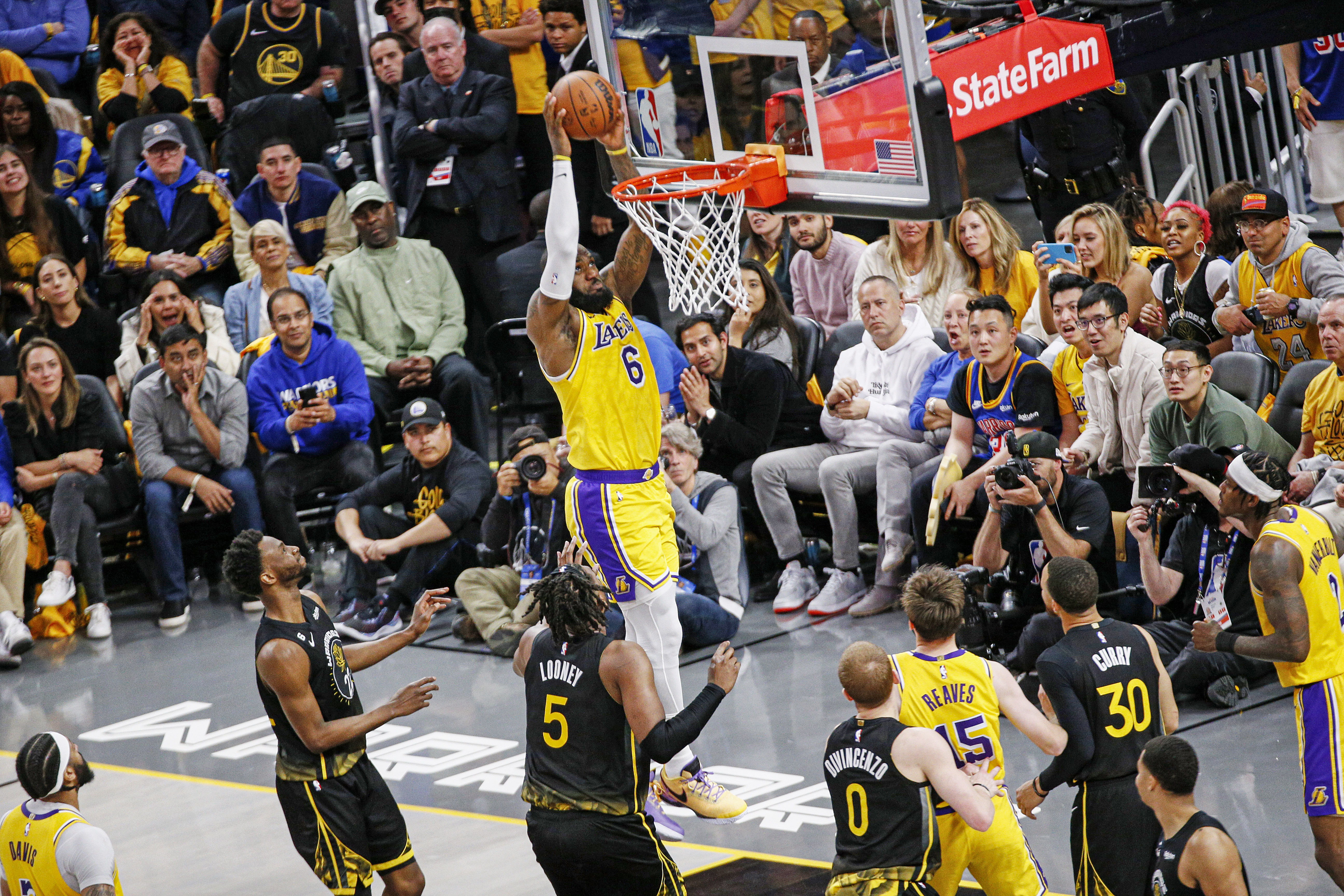 Los Angeles Lakers forward LeBron James (6) dunks against the Golden State Warriors during the fourth quarter of an NBA basketball Western Conference semifinal game, Tuesday, May 2, 2023, in San Francisco.