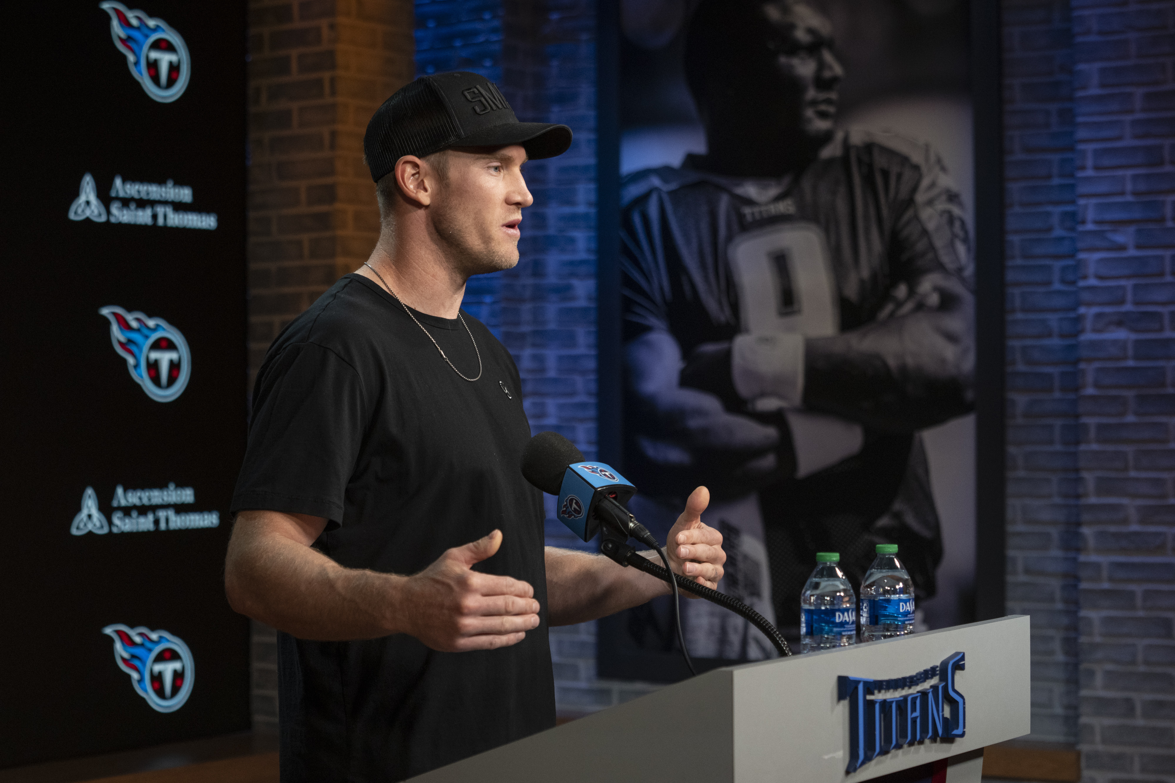 Tennessee Titans NFL football quarterback Ryan Tannehill responds to questions during a news conference Wednesday, May 3, 2023, in Nashville, Tenn.