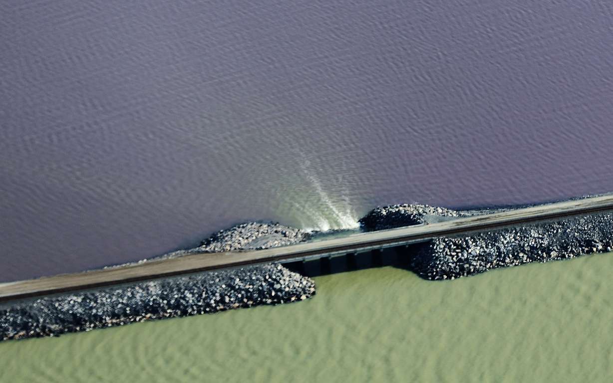 The railroad causeway is breached on the Great Salt Lake on Wednesday.