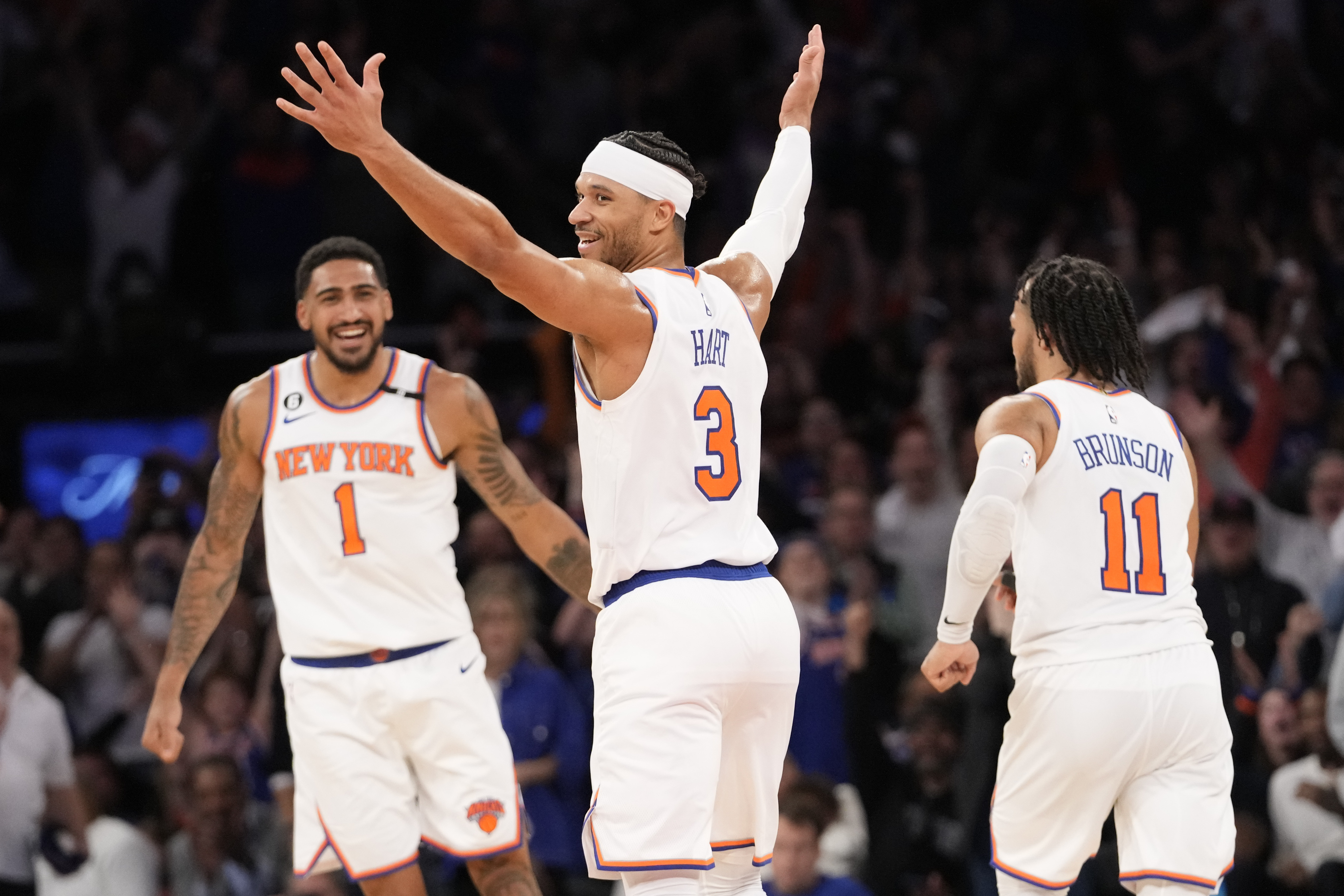 New York Knicks guard Josh Hart (3) reacts after scoring in the second half of Game 4 in an NBA basketball first-round playoff series against the Cleveland Cavaliers, Sunday, April 23, 2023, at Madison Square Garden in New York. The Knicks won 102-93. 