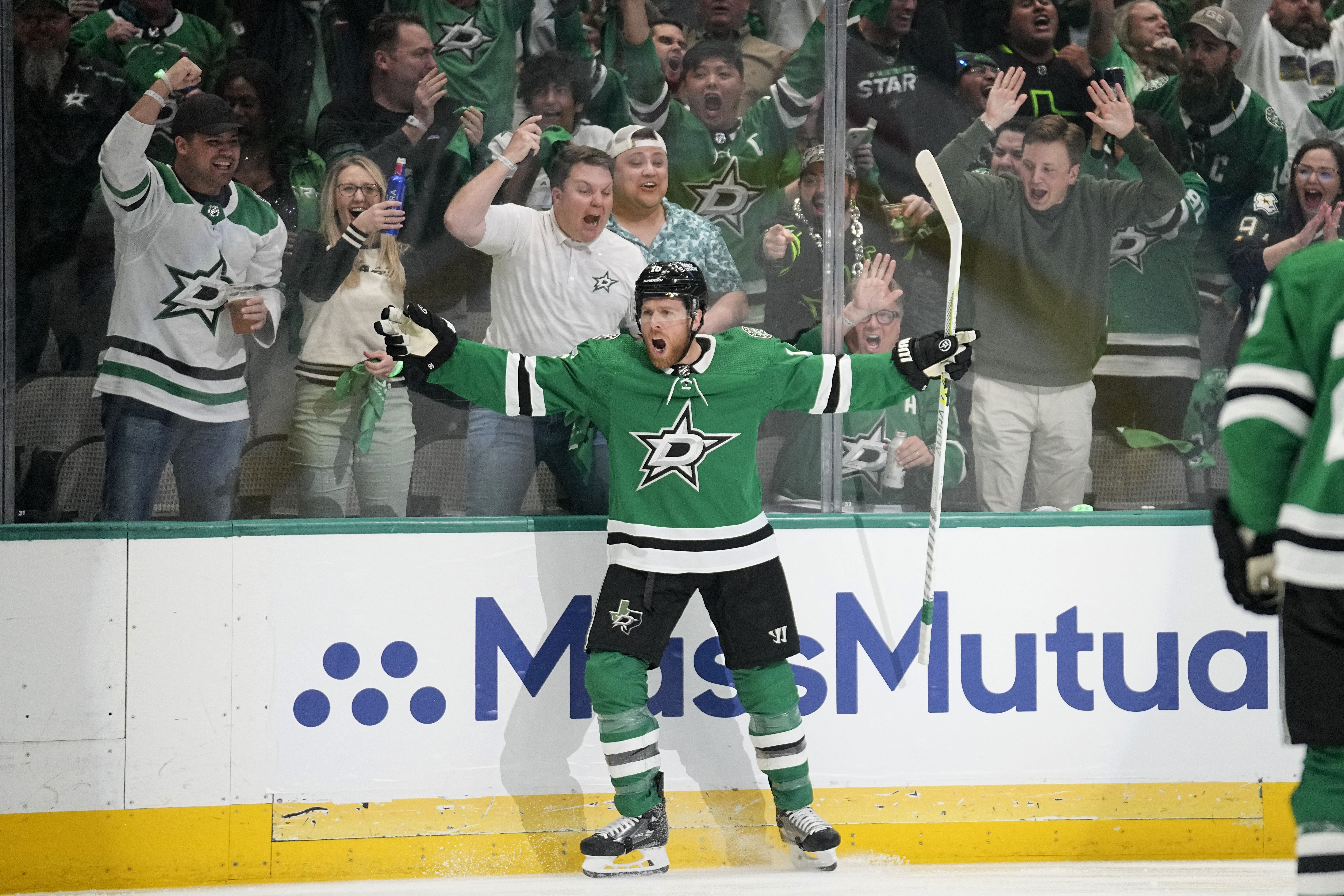 Dallas Stars center Joe Pavelski celebrates after scoring against the Seattle Kraken in the first period of Game 1 of an NHL hockey Stanley Cup second-round playoff series, Tuesday, May 2, 2023, in Dallas. 