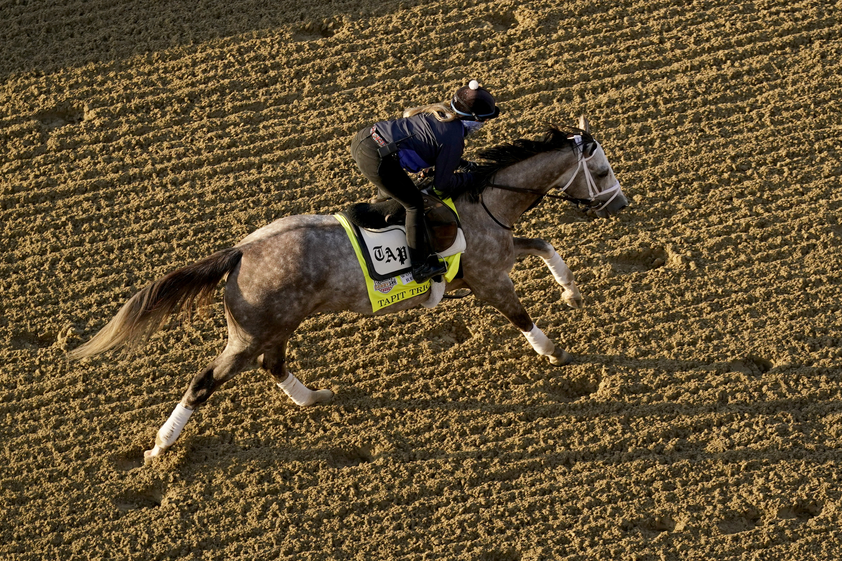 Kentucky Derby entrant Tapit Trice works out at Churchill Downs Thursday, May 4, 2023, in Louisville, Ky. The 149th running of the Kentucky Derby is scheduled for Saturday, May 6. 
