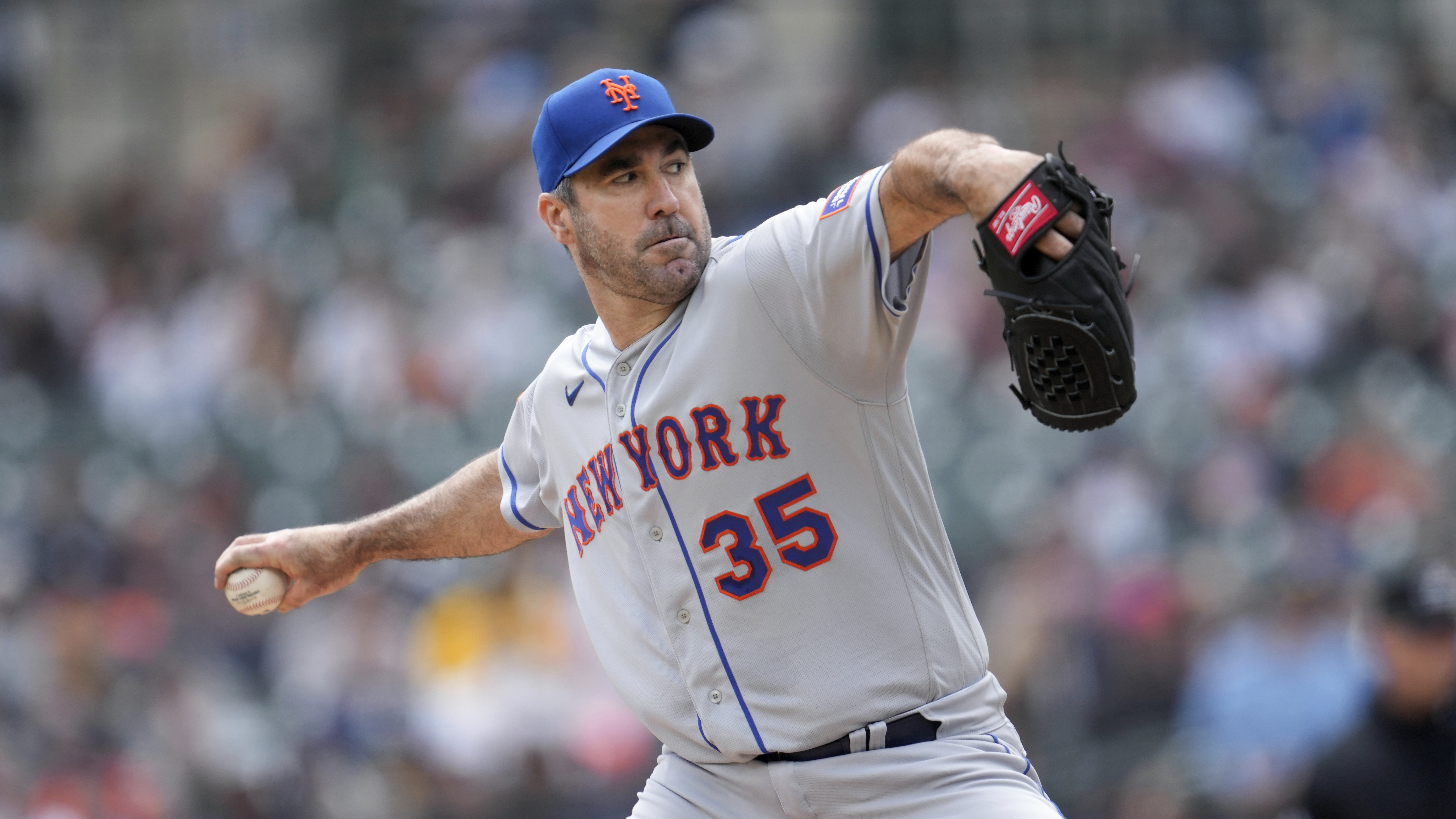 New York Mets pitcher Justin Verlander throws against the Detroit Tigers in the second inning of a baseball game, Thursday, May 4, 2023, in Detroit. 