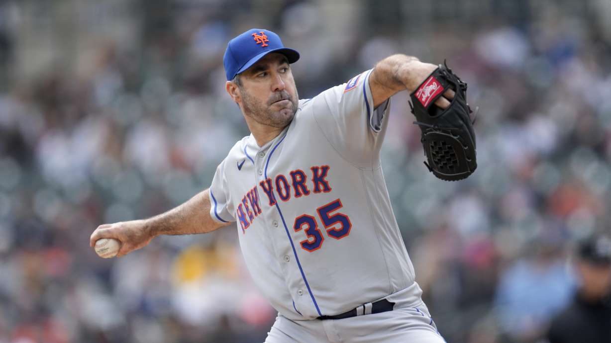 New York Mets pitcher Justin Verlander throws against the Detroit Tigers in the second inning of a baseball game, Thursday, May 4, 2023, in Detroit.