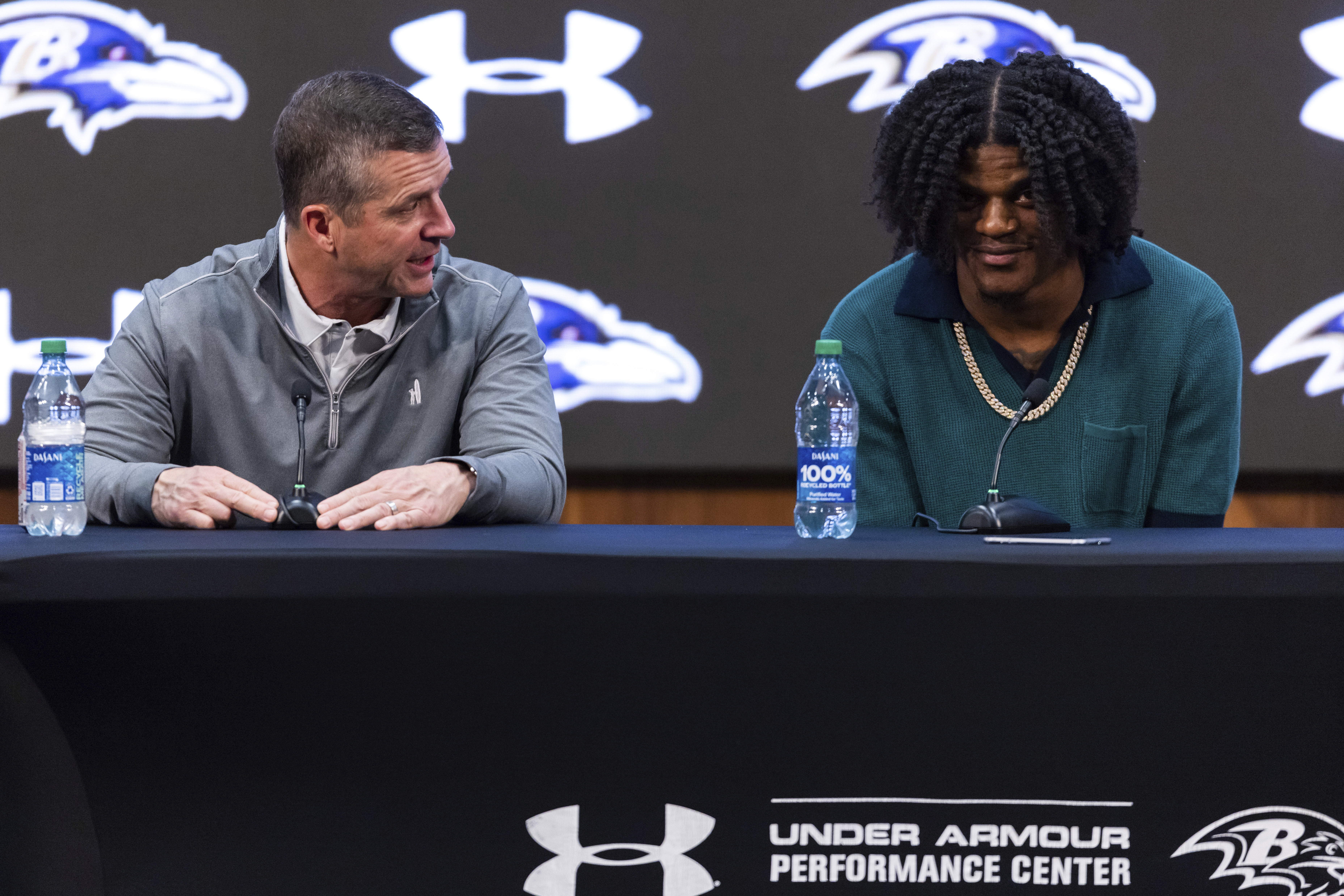 Baltimore Ravens head coach John Harbaugh and quarterback Lamar Jackson speak during a news conference at the NFL football team's training center, Thursday, May 4, 2023, in Owings Mills, Md. 