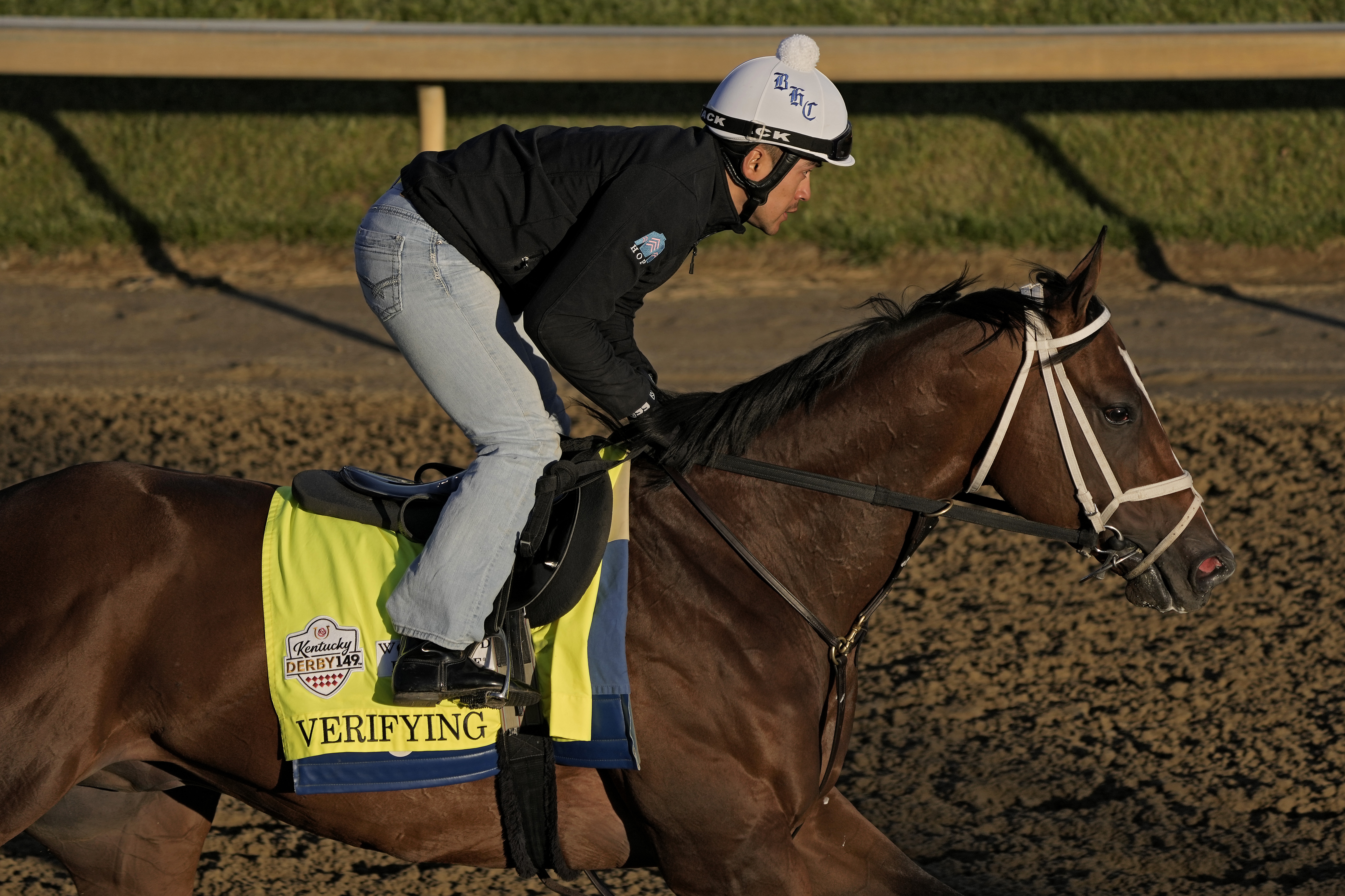 Kentucky Derby hopeful Verifying works out at Churchill Downs Wednesday, May 3, 2023, in Louisville, Ky. The 149th running of the Kentucky Derby is scheduled for Saturday, May 6. 