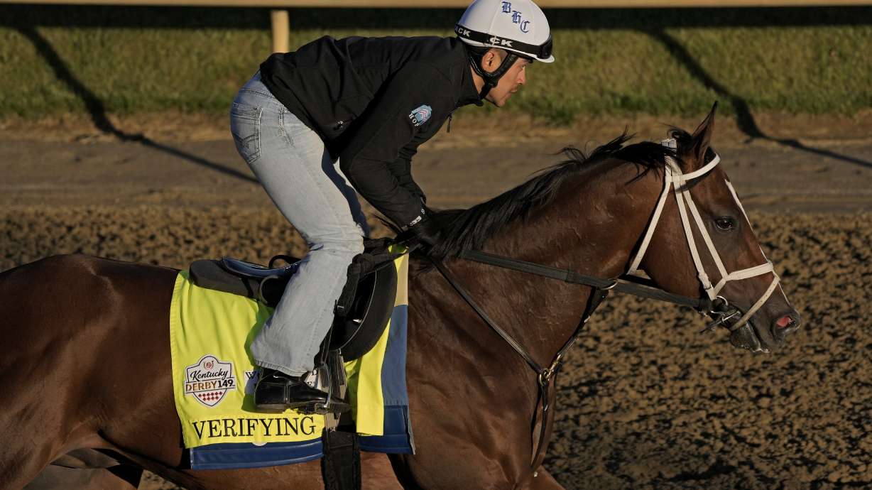 Kentucky Derby hopeful Verifying works out at Churchill Downs Wednesday, May 3, 2023, in Louisville, Ky. The 149th running of the Kentucky Derby is scheduled for Saturday, May 6.