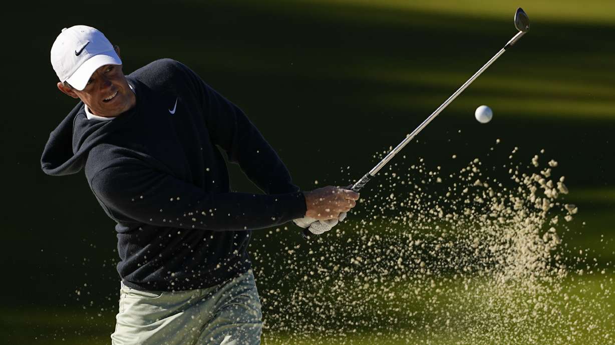 Rory McIlroy, of Northern Ireland, hits from the bunker on the 14th hole during first round of the Wells Fargo Championship golf tournament at the Quail Hollow Club on Thursday, May 4, 2023, in Charlotte, N.C.